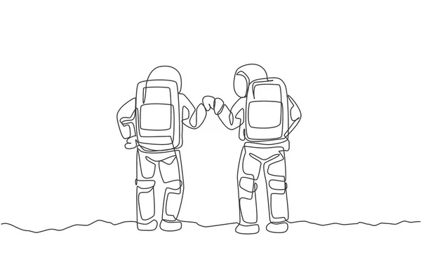 Desenho Linha Contínua Dois Jovens Astronautas Felizes Dando Gesto Colisão — Vetor de Stock