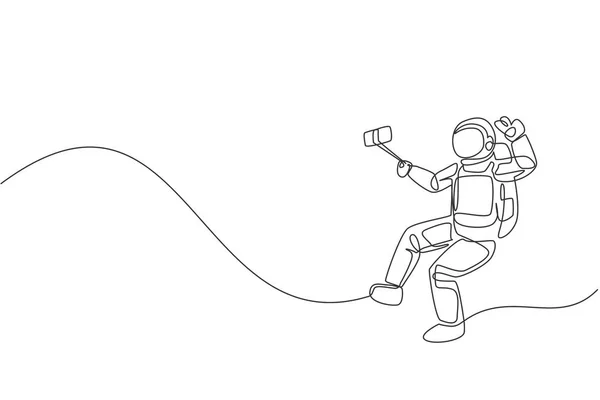 Dessin Ligne Unique Continu Jeunes Astronautes Effectuant Des Prises Vue — Image vectorielle