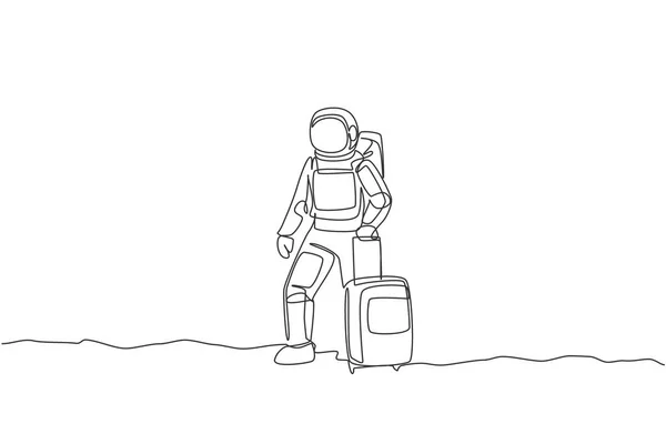 Desenho Linha Contínua Único Astronauta Jovem Que Transporta Saco Bagagem — Vetor de Stock