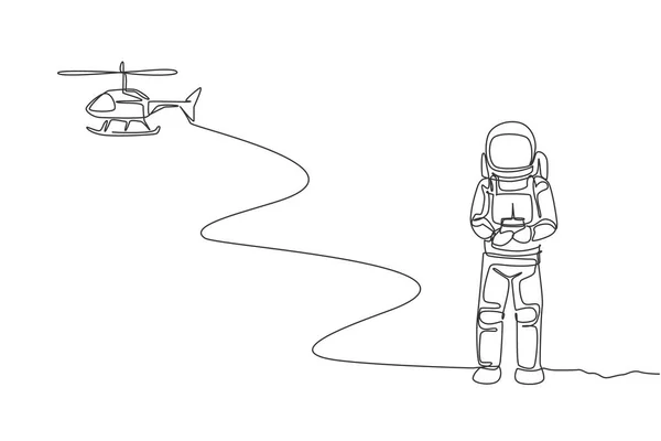 Eén Continue Lijntekening Van Astronaut Die Helikopterradio Speelt Het Maanoppervlak — Stockvector