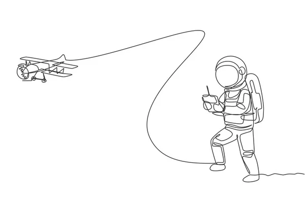Egy Folyamatos Vonalrajz Egy Űrhajósról Aki Repülőgép Rádióvezérlést Játszik Hold — Stock Vector
