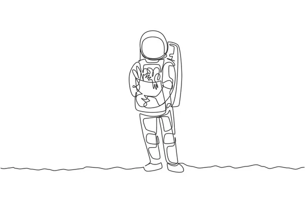 Eine Einzige Linienzeichnung Des Astronauten Bringt Papiertüten Voller Lebensmittel Auf — Stockvektor