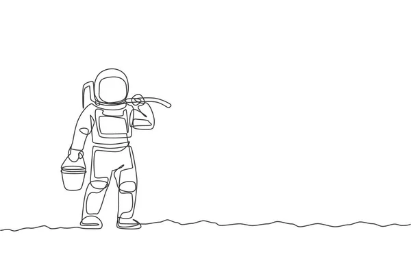 Uma Linha Contínua Desenho Homem Espacial Carregando Balde Enxada Ombro —  Vetores de Stock