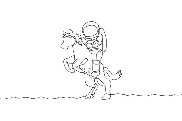 Een Enkele Lijn Tekening Van Astronaut Paardrijden Wild Dier Maan — Stockvector