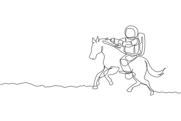 Один Сплошной Рисунок Линии Космонавта Скачущей Лошадью Диким Животным Поверхности — стоковый вектор