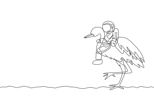 Один Непрерывный Рисунок Линии Космонавта Прогуляться Верхом Цапли Птицы Дикое — стоковый вектор