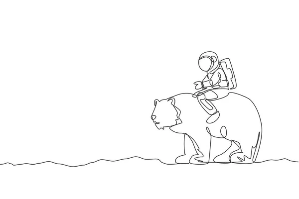 One Single Line Drawing Astronaut Riding Bear Wild Animal Moon — Stock Vector