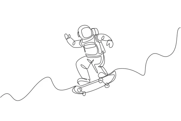 宇宙空間にスケートボードに乗って宇宙飛行士の単一の連続線画 宇宙天文学銀河スポーツの概念 トレンディーな1行の図面ベクトルイラストグラフィック — ストックベクタ