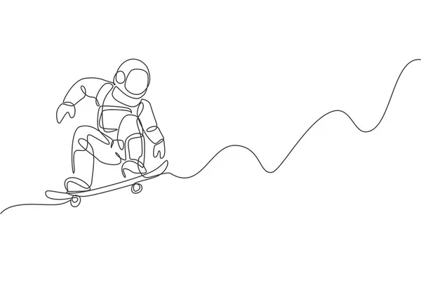 One Continuous Line Drawing Astronaut Riding Skateboard Deep Space Galaxy — Stock Vector