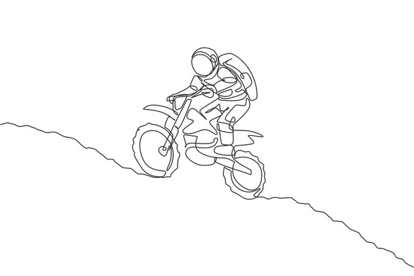 Einzelne Durchgehende Linienzeichnung Der Astronautenübung Motocross Trick Auf Der Mondoberfläche — Stockvektor