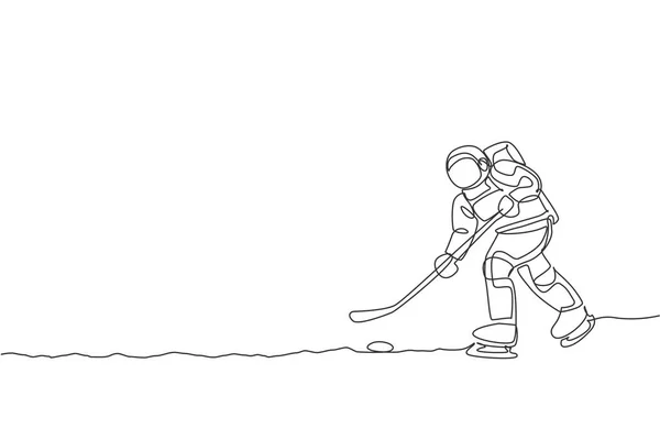 Одна Линия Рисует Космонавта Практикующего Хоккей Векторной Графической Иллюстрации Космических — стоковый вектор