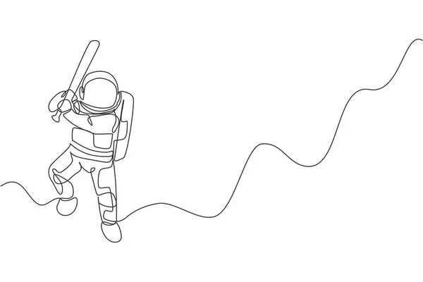 Desenho Linha Contínua Única Astronauta Jogando Beisebol Superfície Lua Espaço —  Vetores de Stock