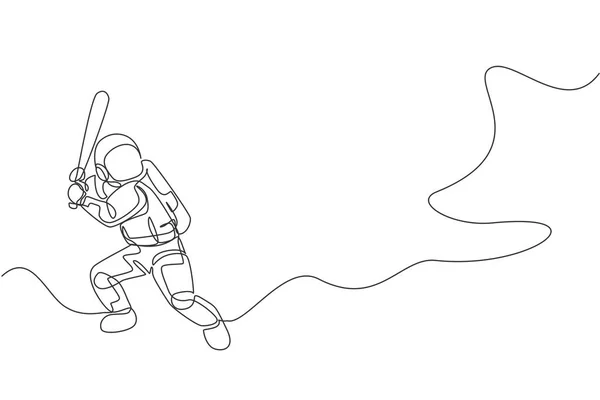 深宇宙銀河で野球をしている宇宙飛行士の連続線画 宇宙飛行士健康フィットネススポーツの概念 ダイナミックシングルライン描画グラフィックデザインベクトルイラスト — ストックベクタ