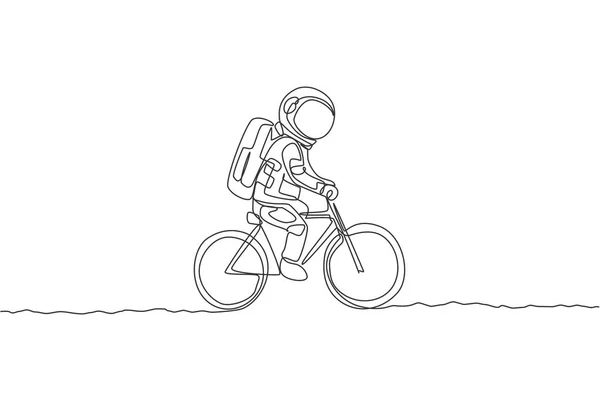 Disegno Singola Linea Astronauta Astronauta Bicicletta Sulla Superficie Lunare Illustrazione — Vettoriale Stock