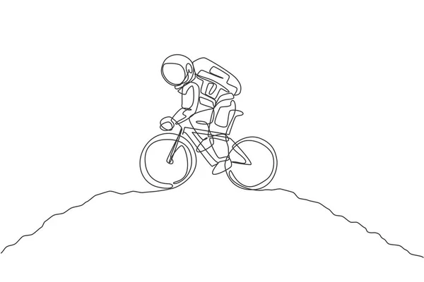 Eine Einzige Linienzeichnung Von Raumfahrer Astronauten Praxis Fahrrad Auf Der — Stockvektor