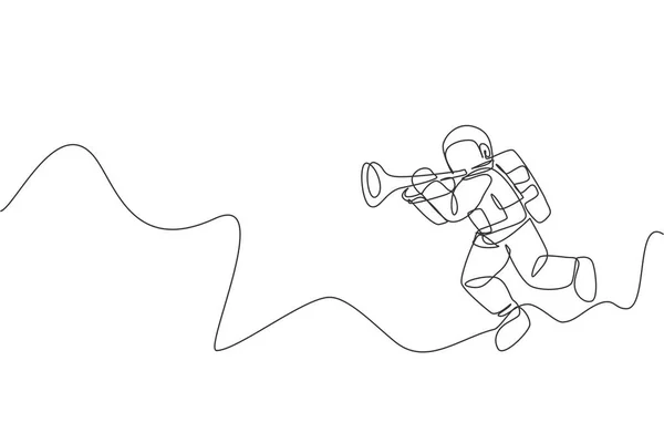 One Continuous Line Drawing Astronaut Spacesuit Playing Trumpet Galaxy Universe — Stock Vector