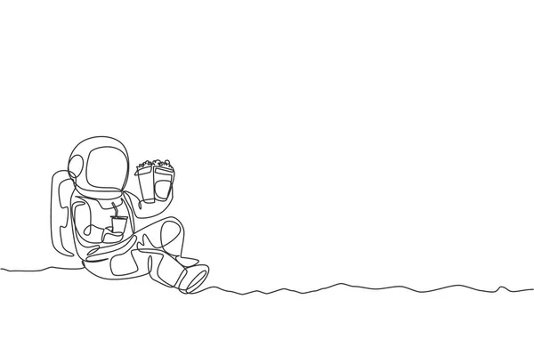 宇航员坐在月球表面放松 一边吃薯条 一边喝软饮料的单张连续线条画 外层空间生命的概念 趋势单行绘图设计矢量插图 — 图库矢量图片
