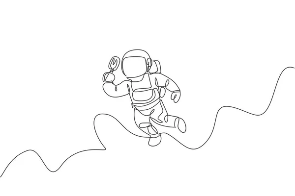 Singolo Disegno Linea Continua Astronauta Volare Rilassarsi Mentre Mangia Gelato — Vettoriale Stock