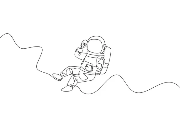 宇宙飛行士を描く1本の線は 甘いアイスグラフィックベクトルイラストを食べながら宇宙銀河でリラックスして飛んでいます ファンタジー宇宙生活の概念 現代の連続線画のデザイン — ストックベクタ