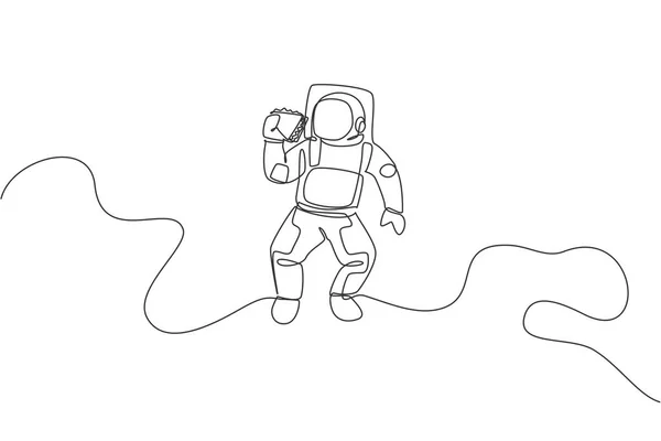 Uma Única Linha Desenho Astronauta Voando Galáxia Cosmos Enquanto Come —  Vetores de Stock