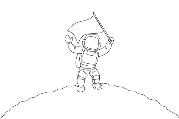 Singură Linie Continuă Desenând Astronautul Științific Suprafața Lunii Fluturând Steagul — Vector de stoc