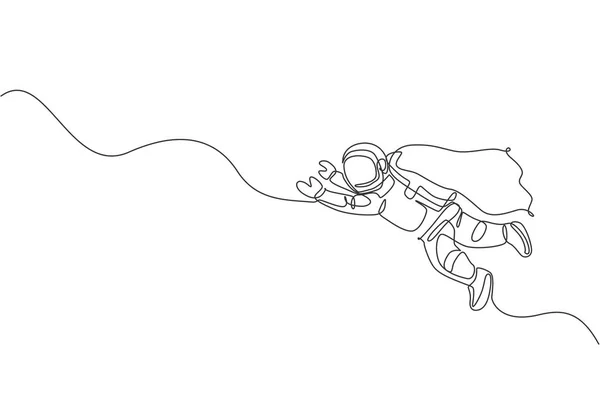 Singola Linea Continua Disegno Scienza Astronauta Galleggiante Volo Spaziale Indossando — Vettoriale Stock