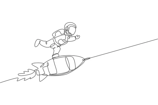 Enda Linje Ritning Astronaut Rymddräkt Flytande Och Upptäcka Djup Rymd — Stock vektor
