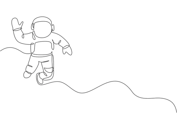 宇宙服を着た若い宇宙飛行士の一本の線画が宇宙ベクトルのイラストで飛んでいます 宇宙人の冒険銀河宇宙の概念 現代の連続線画グラフィックデザイン — ストックベクタ