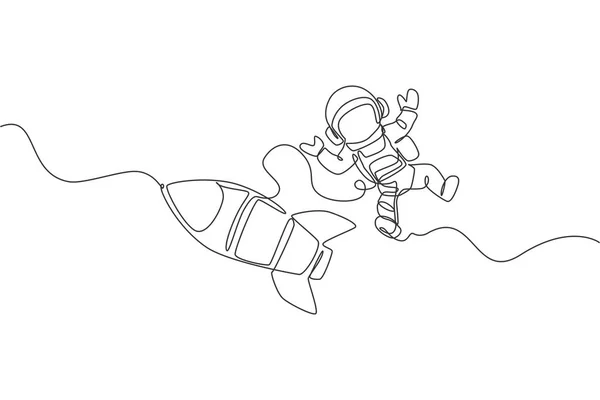 Single Continuous Line Drawing Astronaut Spacesuit Flying Outer Space Rocket — Stock Vector