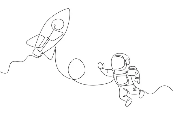 Single Continuous Line Drawing Astronaut Spacesuit Flying Outer Space Rocket — Stock Vector