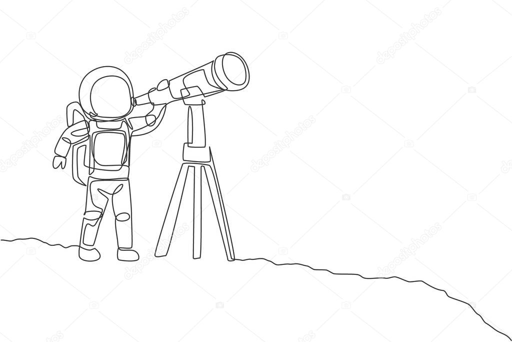 One continuous line drawing of young happy astronaut looking galaxy using telescope in moon surface. Space man deep space concept. Dynamic single line draw design vector graphic illustration