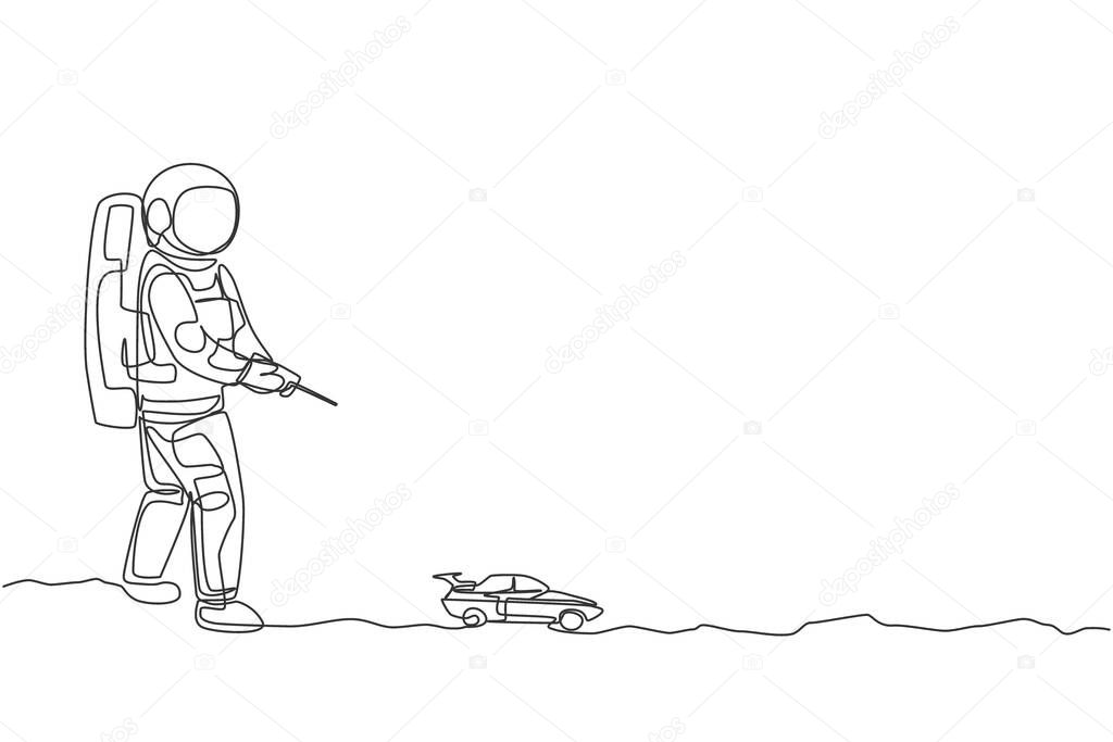 Single continuous line drawing of astronaut playing sedan car radio control in moon surface. Having fun in leisure time on outer space concept. Trendy one line draw design graphic vector illustration