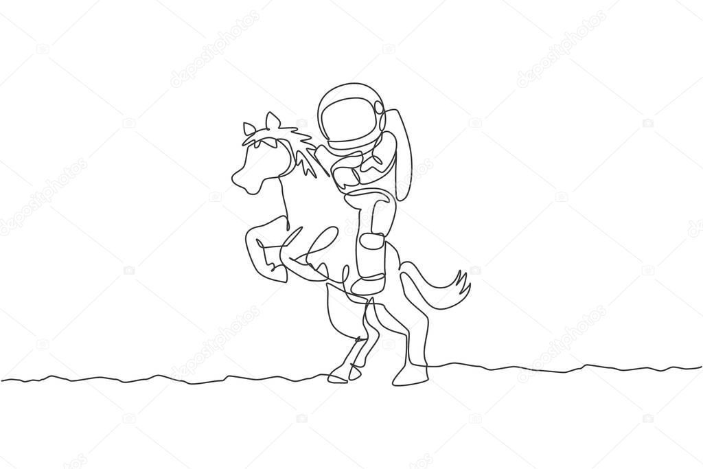 One single line drawing of astronaut riding horse, wild animal in moon surface vector illustration. Cosmonaut safari journey concept. Modern continuous line draw graphic design