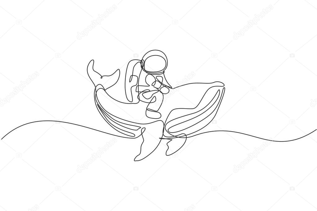 Single continuous line drawing of cosmonaut with spacesuit riding blue whale, giant mammal animal in universe. Fantasy astronaut safari journey concept. Trendy one line draw design vector illustration