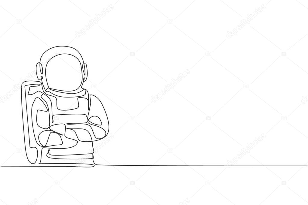 One single line drawing of cosmonaut standing pose with style while crossed hands on chest vector illustration. Astronaut business office with outer space concept. Modern continuous line draw design