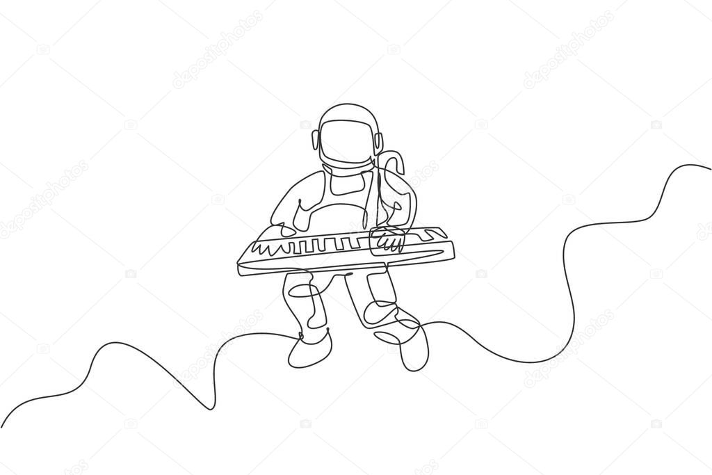 Single continuous line drawing of astronaut keyboardist playing keyboard musical instrument in cosmic galaxy. Deep space music concert concept. Trendy one line draw graphic design vector illustration