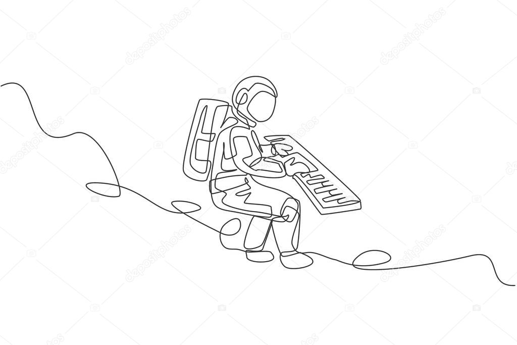 One single line drawing of spaceman playing keyboard musical instrument in deep space graphic vector illustration. Music concert poster with space astronaut concept. Modern continuous line draw design