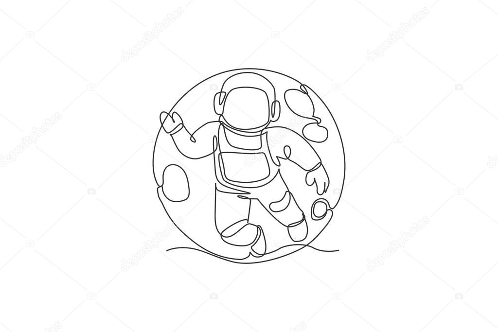 Single continuous line drawing of floating science astronaut in spacewalk flying against full moon. Fantasy deep space exploration, fiction concept. Trendy one line draw design vector illustration