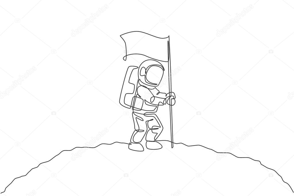 One single line drawing of space man astronaut exploring cosmic galaxy, and planting flag on moon surface vector illustration. Fantasy outer space life fiction concept. Continuous line draw design