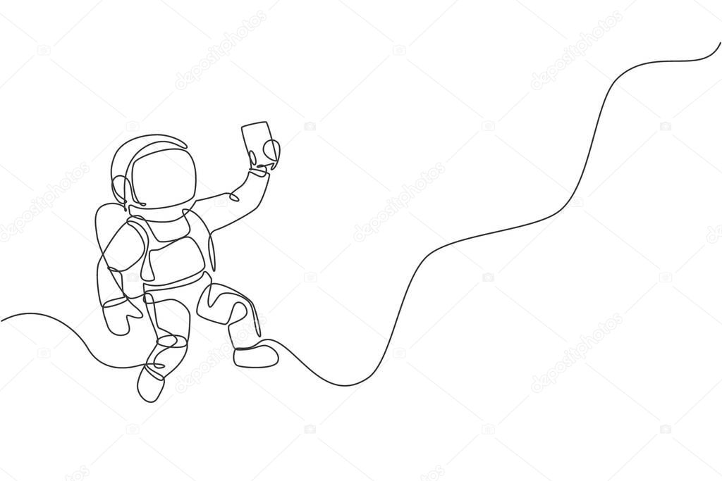 One continuous line drawing of cosmonaut exploring outer space. Astronaut selfie using smartphone device. Fantasy cosmic galaxy discovery concept. Dynamic single line draw design vector illustration