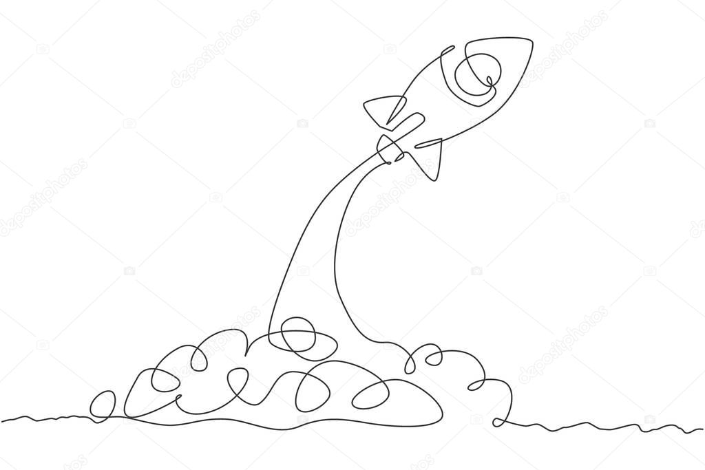 One single line drawing of simple vintage rocket takes off into the outer space vector graphic illustration. Exploration cosmos galactic with spaceship concept. Modern continuous line draw design