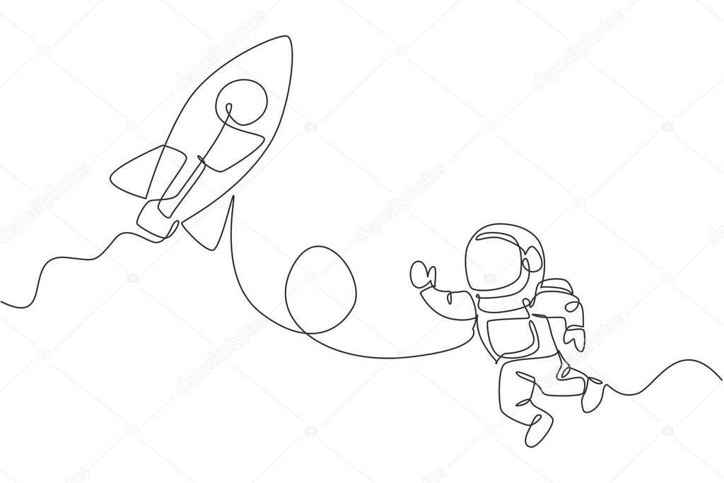 Single continuous line drawing of astronaut in spacesuit flying at outer space with rocket spacecraft. Science milky way astronomy concept. Trendy one line draw graphic design vector illustration