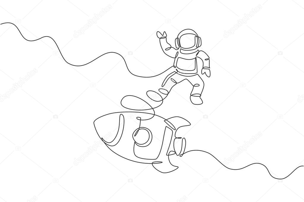 One continuous line drawing of spaceman astronaut science discovering cosmos galactic with rocket. Cosmonaut exploration of outer space concept. Dynamic single line draw design vector illustration