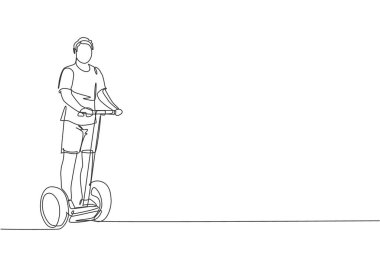 Genç mutlu bir adamın açık hava parkında elektrikli scooter sürerken çizdiği bir çizgi. Yeşil taşıma. Gelecekteki kentsel yaşam tarzı konsepti. Dinamik tek çizgi çizimi tasarım vektörü illüstrasyonu