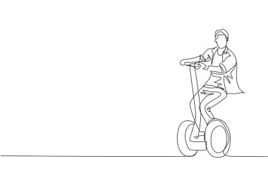 Halka açık alanda, genç mutlu bir adamın elektrikli scooter sürdüğü tek sıra çizimi. Çevre dostu ulaşım. Şehir yaşam tarzı konsepti. Bir satır çizimi tasarım vektörü illüstrasyonu