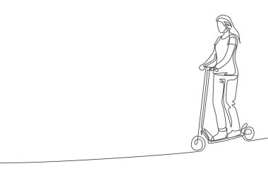 Tek sıra halinde, halka açık alanda elektrikli scooter kullanan mutlu genç bir kadın. Çevre dostu ulaşım. Şehir yaşam tarzı konsepti. Bir satır grafiksel tasarım vektörü çizimi