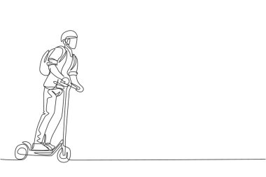 Genç mutlu iş adamının şirkete gitmek için elektrikli scooter sürdüğü kesintisiz bir çizgi. Yeşil taşıma. Gelecekteki kentsel yaşam tarzı konsepti. Dinamik tek çizgi çizimi tasarım vektörü illüstrasyonu