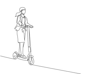 Ofis vektör illüstrasyonuna elektrikli scooter kullanan genç ve enerjik bir kadının çizimi. Geleceğin ulaşımı. Sağlıklı yaşam tarzı spor konsepti. Modern sürekli çizgi çizimi tasarımı