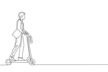 Ofise gitmek için elektrikli scooter süren genç bir işçi çizgisi. Yeşil taşıma. Gelecekteki kentsel yaşam tarzı konsepti. Dinamik tek çizgi çizimi tasarım vektörü illüstrasyonu