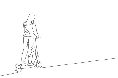 Halka açık alanda elektrikli scooter kullanan mutlu genç bir kadının tek sıra çizimi. Çevre dostu ulaşım. Şehir yaşam tarzı konsepti. Bir satır çizimi tasarım vektörü illüstrasyonu 